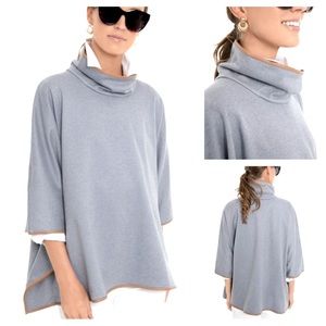 TUCKERNUCK Womens Slate Blue Leather Trim Funnel Neck Piper Poncho Gray One Size